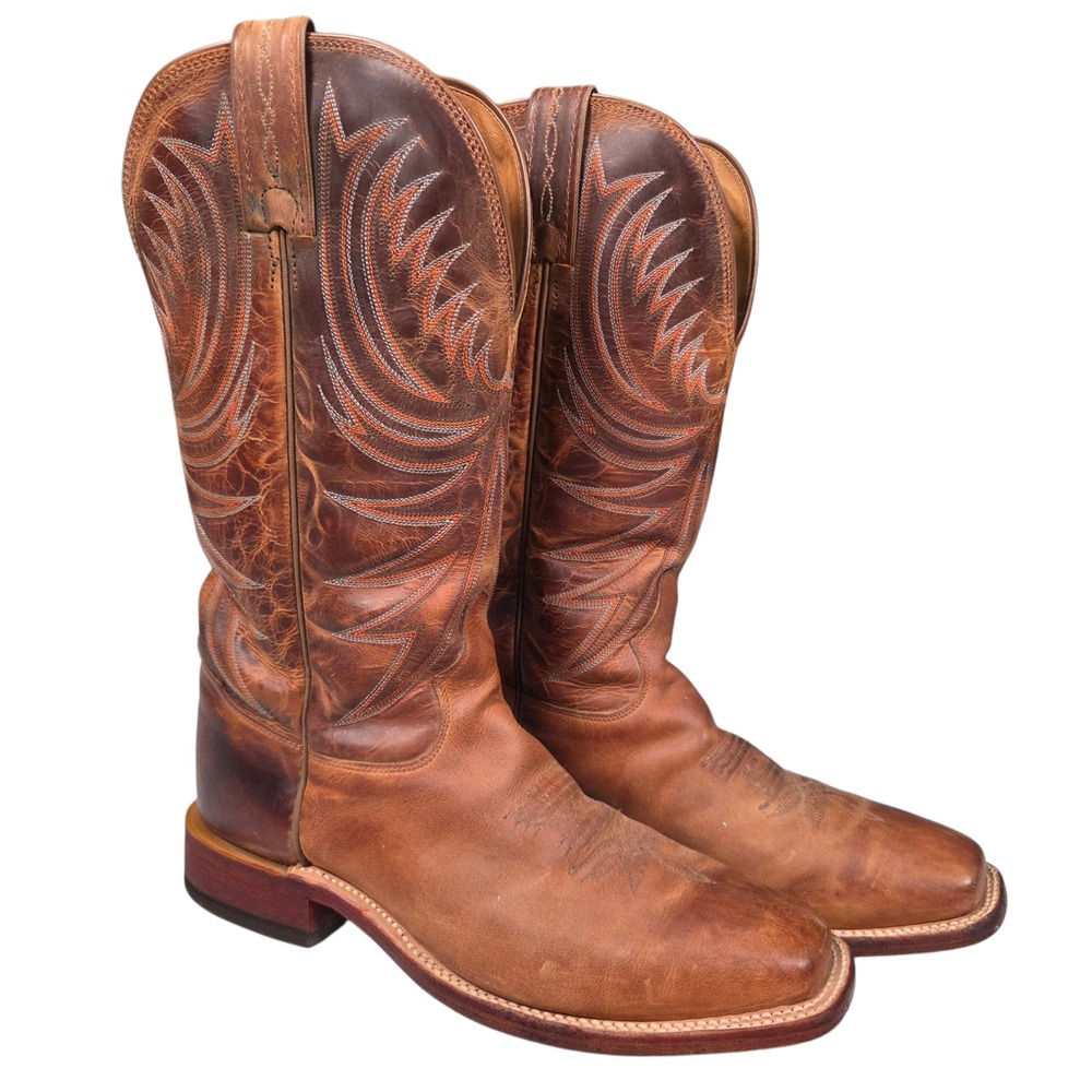 Tony Lama Mens 8 D Brown Leather Square Toe Cowboy Boots Dtitched Western
